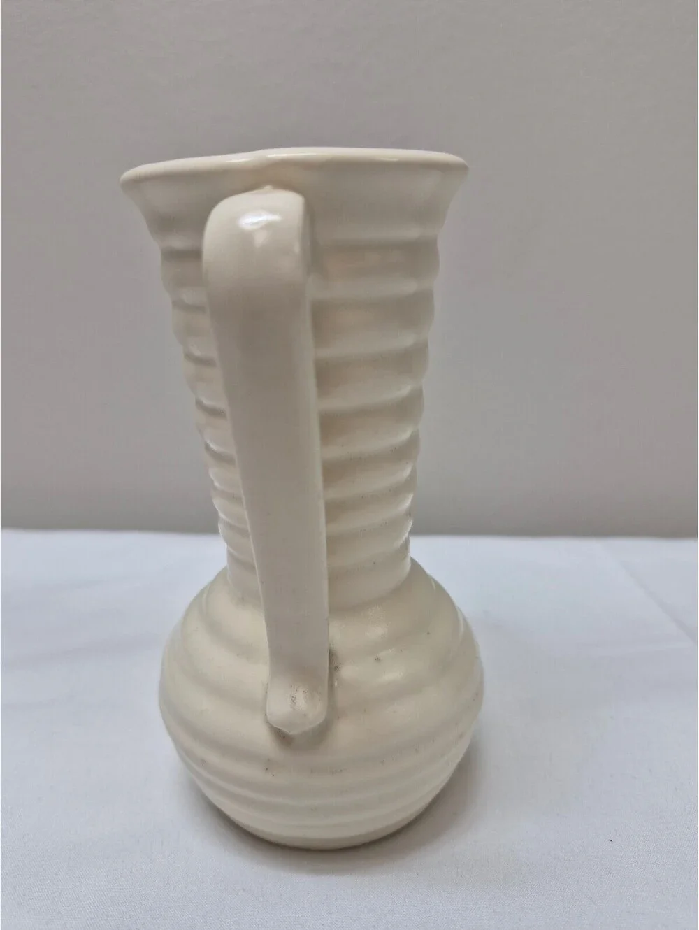 Vintage White Ceramic Ribbed Vase with Dual Handles and USA Marking, J8
